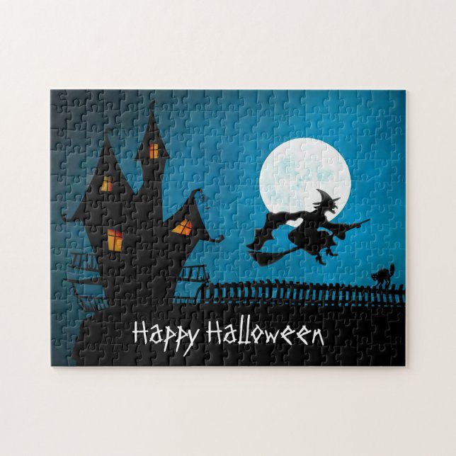 Happy Halloween Haunted House Witch Broomstick Cat Jigsaw Puzzle (Horizontal)