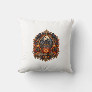Happy Halloween Haunted Manor Pumpkin Pillow