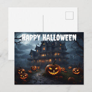 Happy Halloween Hauted House and Jack-O-Lanterns Postcard