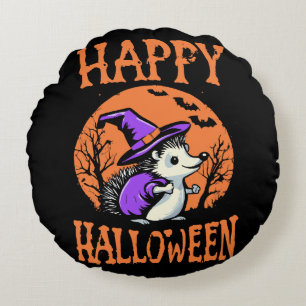 Happy Halloween Hedgehog Witch Round Cushion