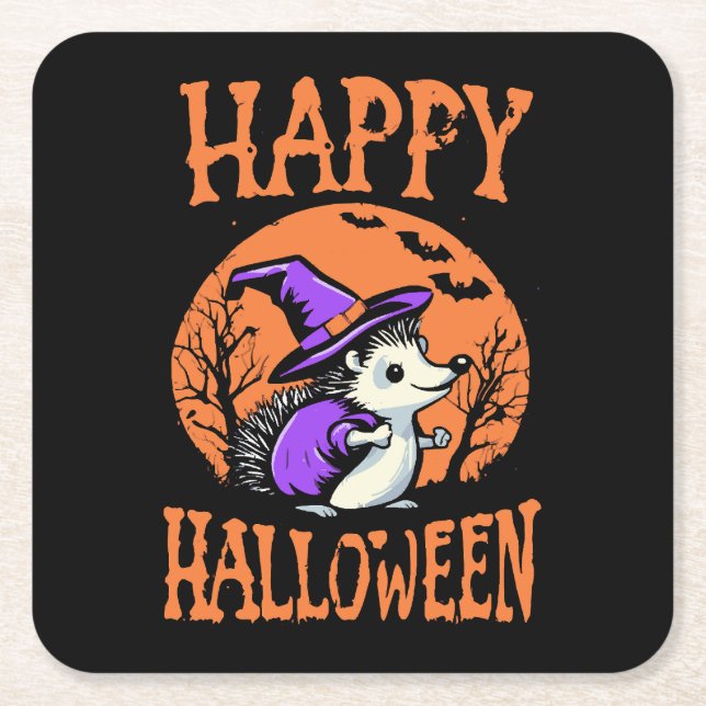 Happy Halloween Hedgehog Witch Square Paper Coaster (Front)