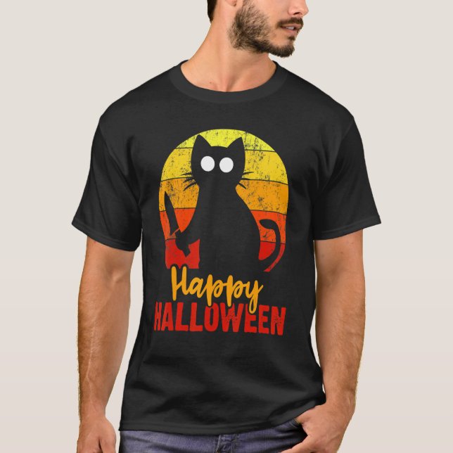 Happy Halloween Horror Black Cat With Knife Scary  T-Shirt (Front)