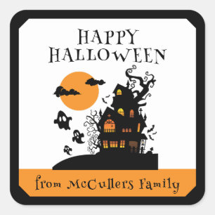 Happy Halloween Hunted House Custom Family Name Square Sticker