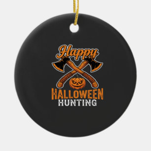 Happy Halloween Hunting Crossed Axes Pumpkin Ceramic Ornament