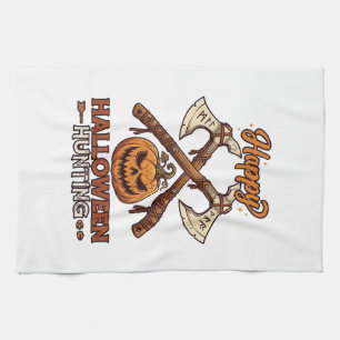 Happy Halloween Hunting Crossed Axes Pumpkin Runes Tea Towel