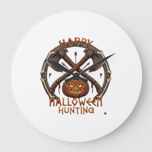 Happy Halloween Hunting Pumpkin Crossed Axes Bone Large Clock