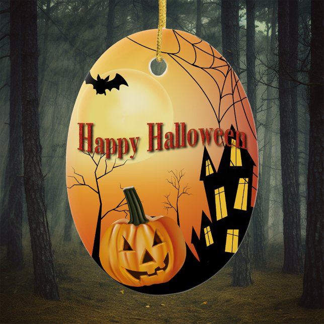 Happy Halloween Jack O' Lantern and Haunted House Ceramic Ornament (Creator Uploaded)