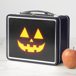 Happy Halloween Jack-o'-Lantern Face 3-Neon Orange Metal Lunch Box