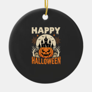 Happy Halloween Jack O Lantern Haunted Castle Ceramic Ornament