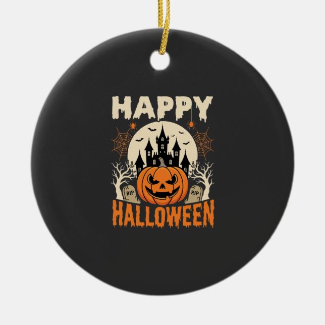 Happy Halloween Jack O Lantern Haunted Castle Ceramic Ornament (Front)