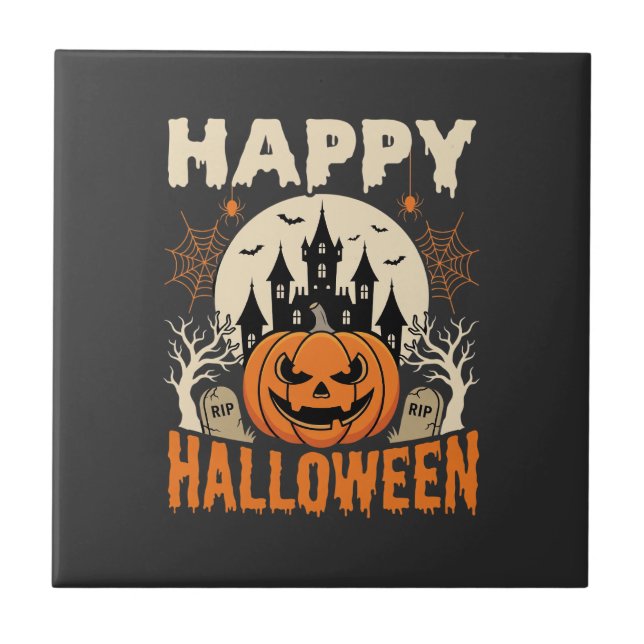 Happy Halloween Jack O Lantern Haunted Castle Ceramic Tile (Front)