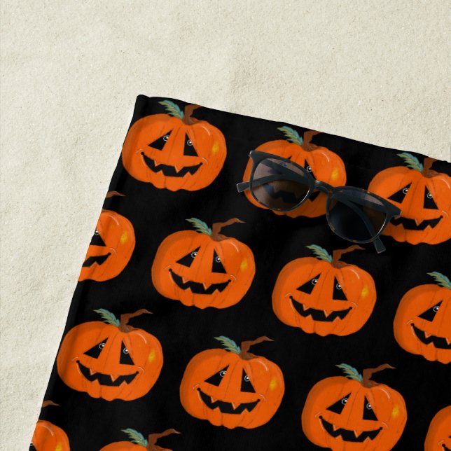 Happy Halloween Jack O Lantern Illustrative Art Beach Towel (In Situ)