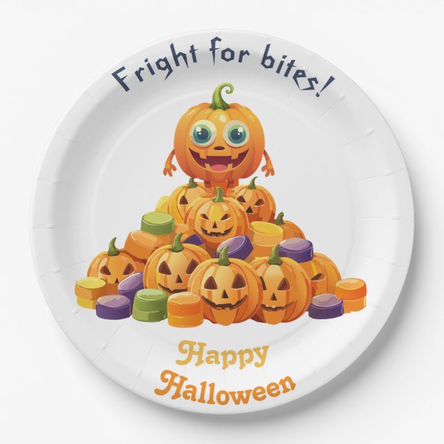 Happy Halloween Jack-O-Lantern On Pile Of Candy Paper Plate (Front)