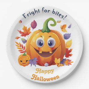 Happy Halloween Jack-O-Lantern On Pile Of Leaves Paper Plate