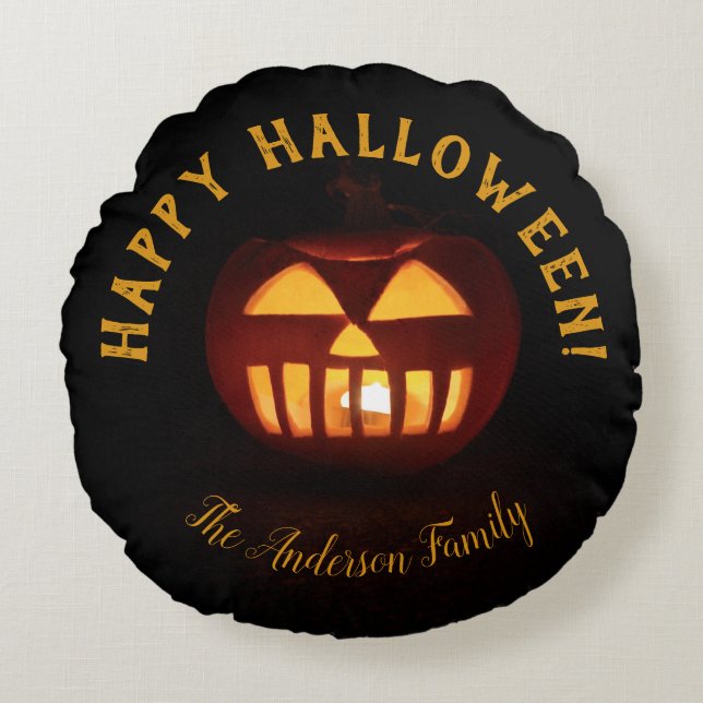 Happy Halloween Jack O Lantern Orange Pumpkin Round Cushion (Front)