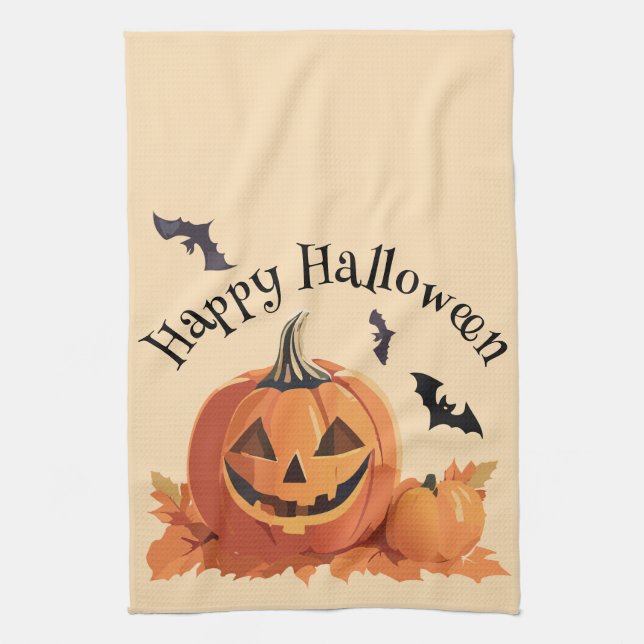 Happy Halloween Jack o Lantern Tea Towel (Vertical)
