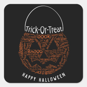 Happy Halloween Jack O Lantern Word Art Orange Square Sticker
