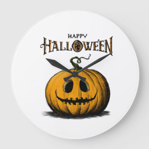 Happy Halloween Jack O'Lantern Adult Orange Tshirt Large Clock