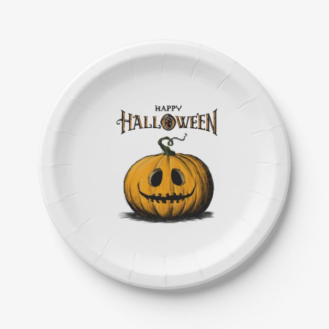 Happy Halloween Jack O'Lantern Adult Orange Tshirt Paper Plate (Front)