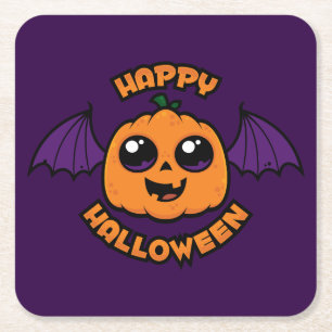 Happy Halloween Kawaii Pumpkin Spooky Cuteness Square Paper Coaster