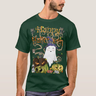 Happy Halloween Kawaii Witch Ghost Black Cats & Ev T-Shirt