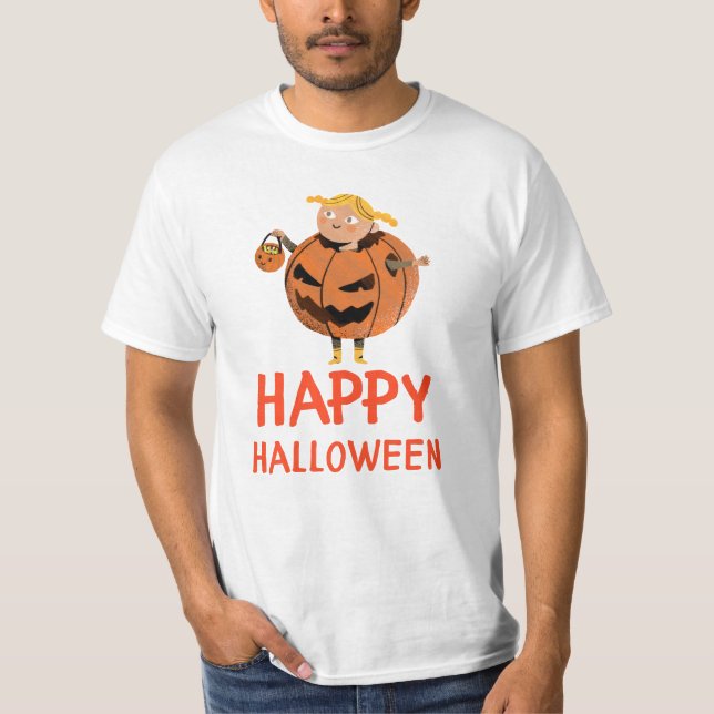 Happy Halloween Kid in Pumpkin Costume T-Shirt (Front)