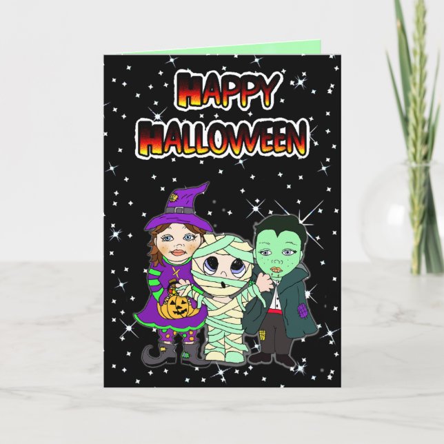 Happy Halloween Kid Witch, Mummy and Vampire Card (Front)