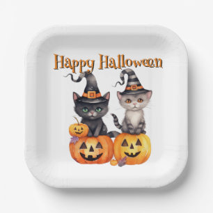Happy Halloween   KITTENS & PUMPKINS on White Paper Plate