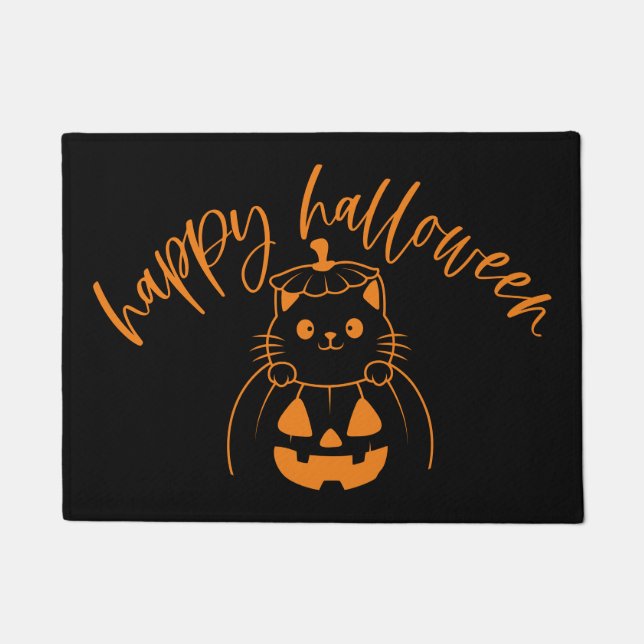 Happy Halloween Kitty in a Pumpkin Doormat (Front)
