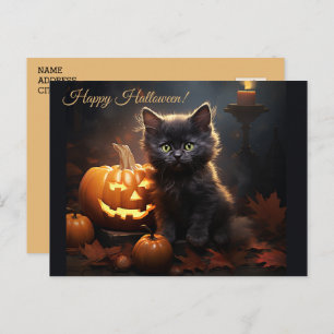 Happy Halloween Kitty & Pumpkins Postcard