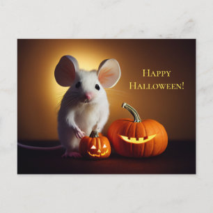  Happy Halloween. Kleine niedliche Maus mit Kürbis Postcard