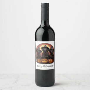 Happy Halloween Labrador Retriever Dogs Witch Hats Wine Label