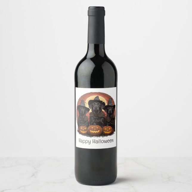 Happy Halloween Labrador Retriever Dogs Witch Hats Wine Label (Front)