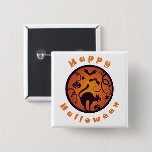 Happy Halloween lantern black cat spiders and bats 15 Cm Square Badge