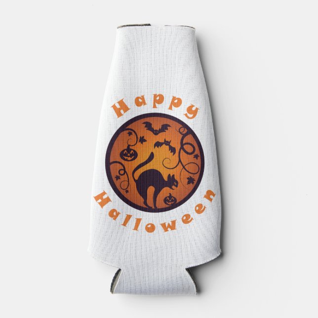 Happy Halloween lantern black cat spiders and bats Bottle Cooler (Front)