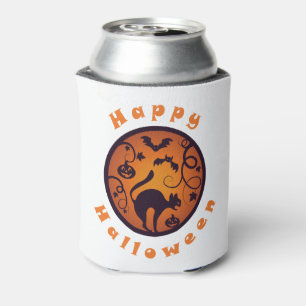 Happy Halloween lantern black cat spiders and bats Can Cooler