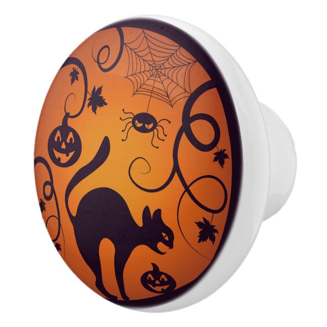 Happy Halloween lantern black cat spiders and bats Ceramic Knob (Right)