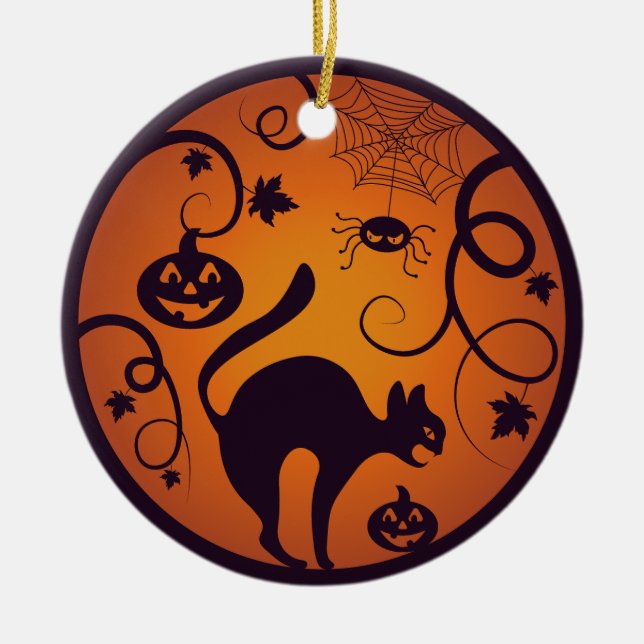 Happy Halloween lantern black cat spiders and bats Ceramic Ornament (Front)