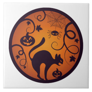Happy Halloween lantern black cat spiders and bats Ceramic Tile