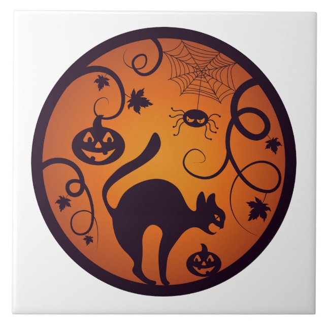 Happy Halloween lantern black cat spiders and bats Ceramic Tile (Front)