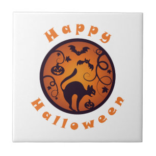 Happy Halloween lantern black cat spiders and bats Ceramic Tile