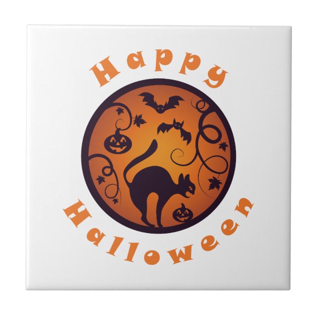 Happy Halloween lantern black cat spiders and bats Ceramic Tile (Front)