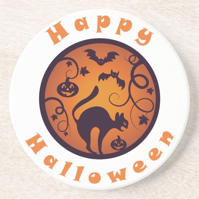 Happy Halloween lantern black cat spiders and bats Coaster (Front)
