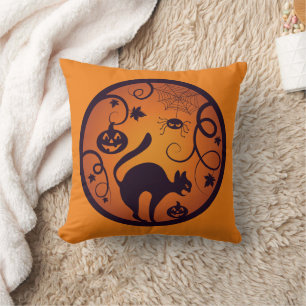 Happy Halloween lantern black cat spiders and bats Cushion