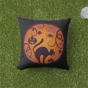 Happy Halloween lantern black cat spiders and bats Cushion