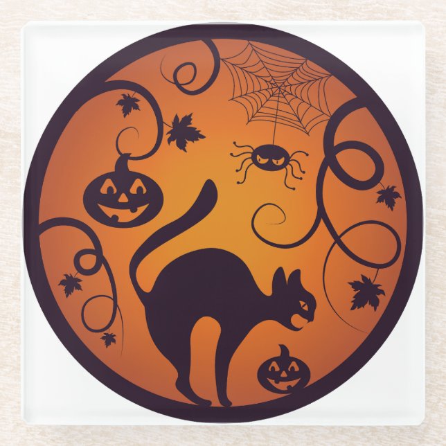 Happy Halloween lantern black cat spiders and bats Glass Coaster (Front)