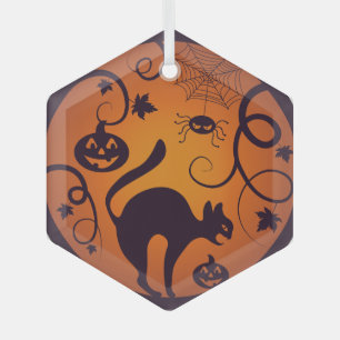 Happy Halloween lantern black cat spiders and bats Glass Tree Decoration