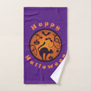 Happy Halloween lantern black cat spiders and bats Hand Towel