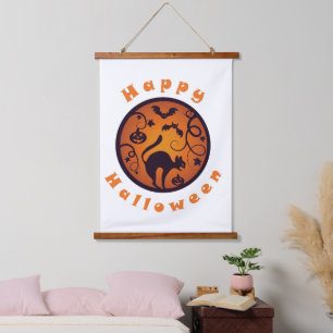 Happy Halloween lantern black cat spiders and bats Hanging Tapestry