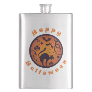 Happy Halloween lantern black cat spiders and bats Hip Flask